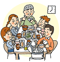 家族で仲良く食事をとるイラスト